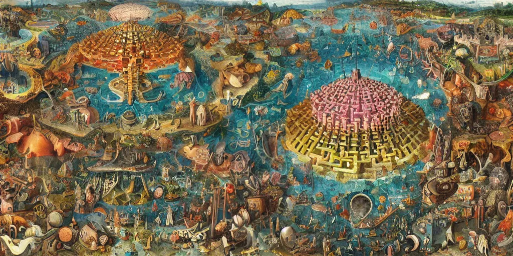 Prompt: living valve body megastructure in the style of heironymus bosch, colorful intricate masterpiece, hyper detailed, hd