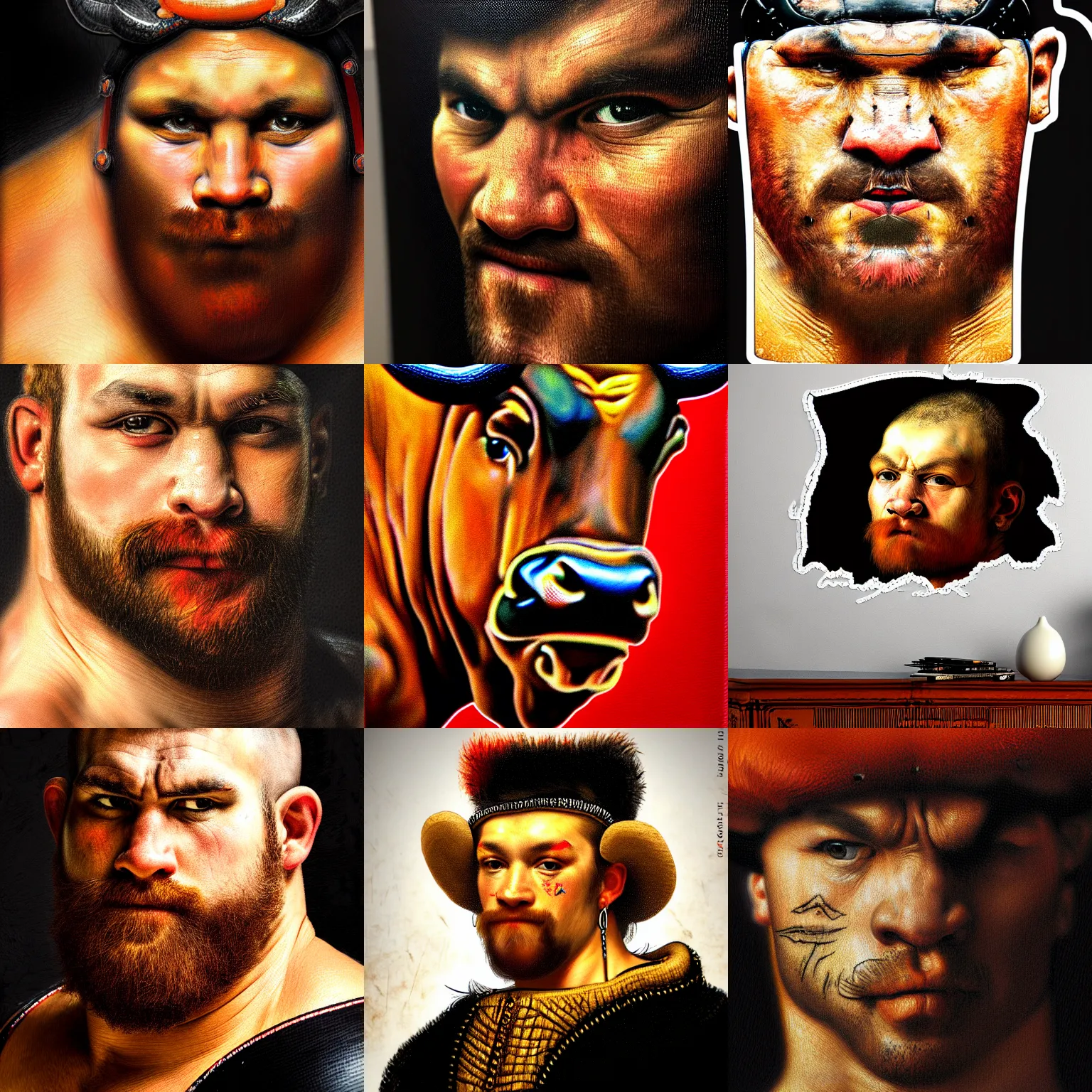 Prompt: bull wrestler close up portrait, high resolution quality extremely detailed 8k intricate sticker precise sharp color heavy texture painting by rembrandt