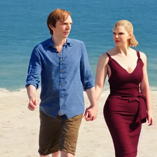 Prompt: Kim Wexler on the beach, holding hands with Jimmy McGill. Photorealistic. Award winning. 4k