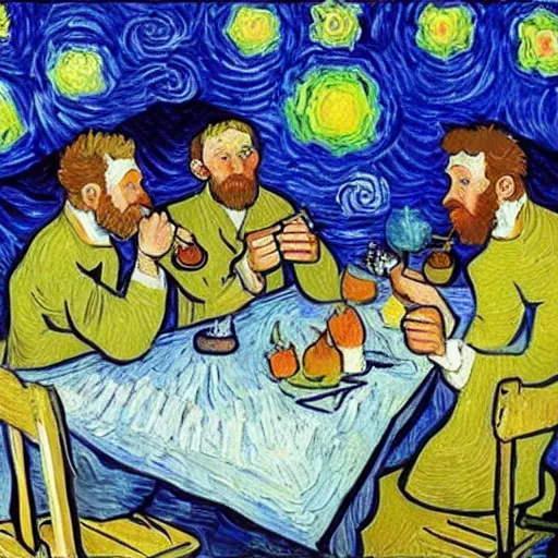 Prompt: a group of friends having lunch, van Gogh style