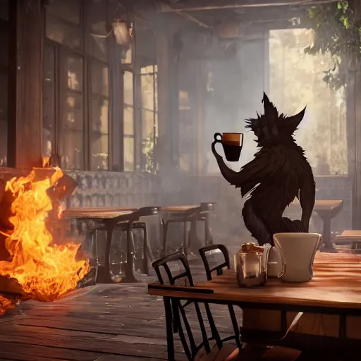 Prompt: A epic and beautiful rococo werewolf drinking coffee, in a burning coffee shop. ultra-detailed. Anime, pixiv, UHD 8K CryEngine, octane render