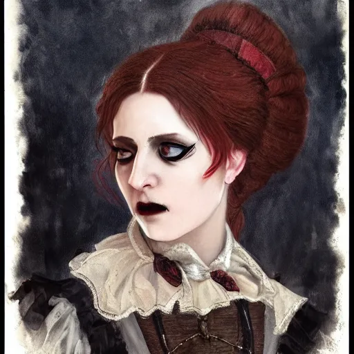 Image similar to head and shoulder professional portrait of a victorian female vampire, painted in the style of bloodborne, interesting color use, vampire fashion, highly detailed, melancholy, vampire teeth