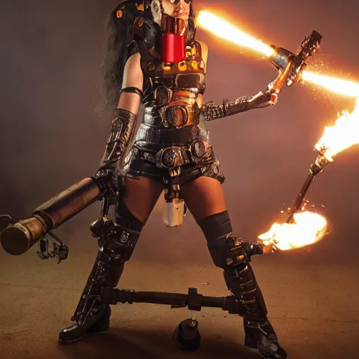 Image similar to photo of a female steampunk warrior with jetpack and flamethrower