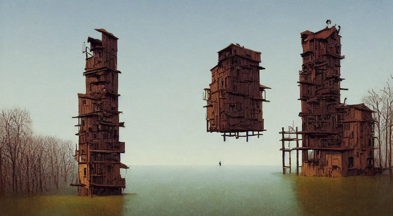 Prompt: single flooded simple wooden bush tower, very coherent and colorful high contrast!! masterpiece by rene magritte simon stalenhag carl spitzweg syd mead norman rockwell edward hopper james gilleard, minimalist, dark shadows, sunny day, hard lighting