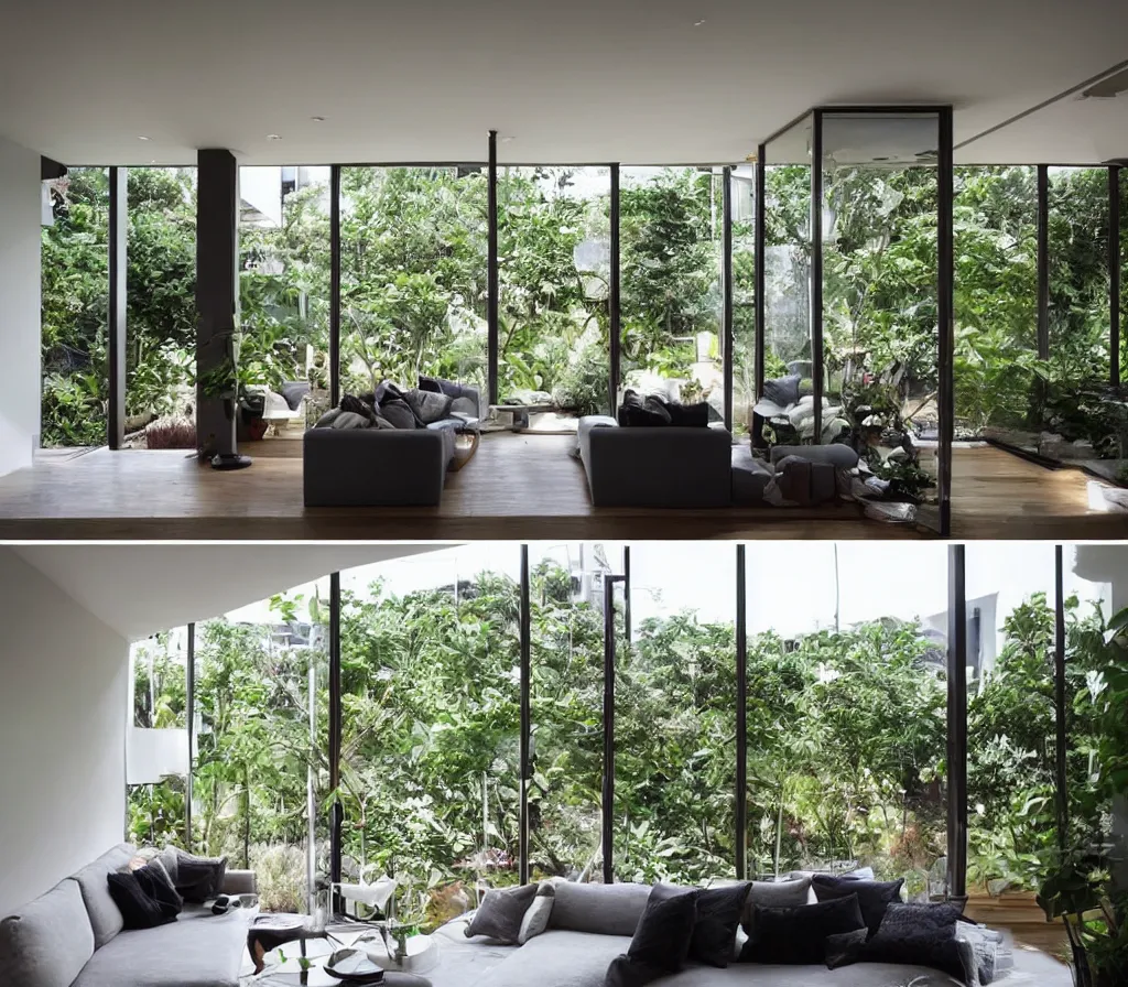 Prompt: a modern interior design, living room, residential design, floor - to - ceiling windows, and garden landscape outside the window ， by gracinha viterbo, trending ，