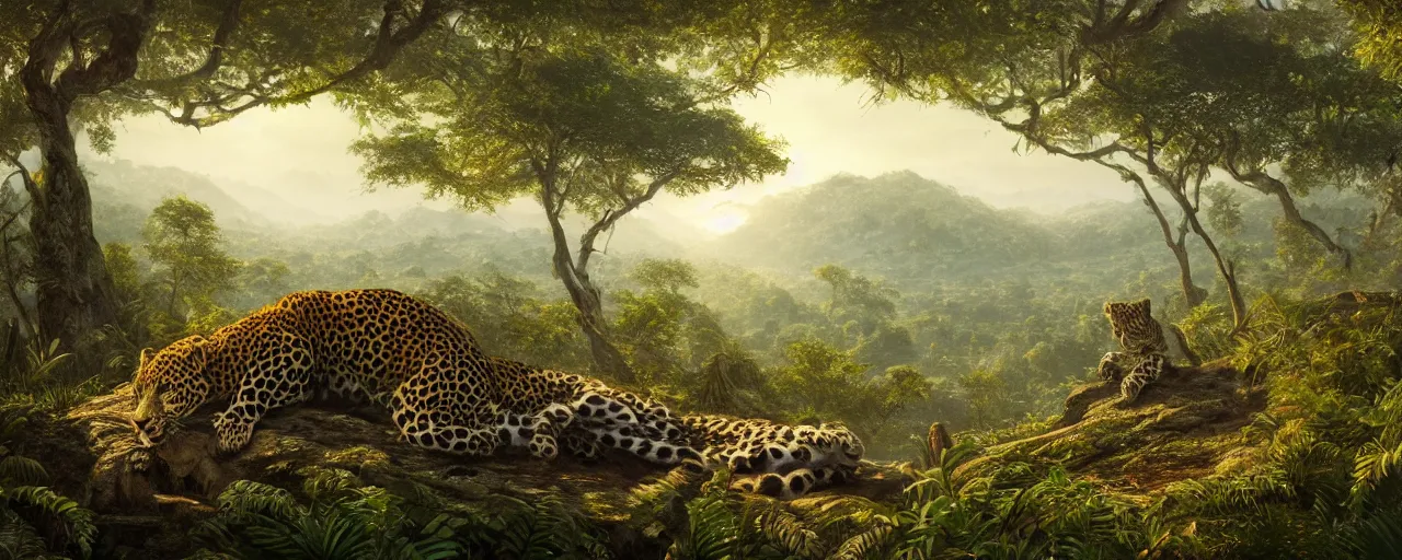 Image similar to leopard laying down in the jungle, beautiful dynamic lighting, cinematic, wide angle establishing shot, extremely high detail, photo realistic, cinematic lighting, post processed, concept art, artstation, matte painting, style by frederic church, raphael lacoste, unreal engine 8 k