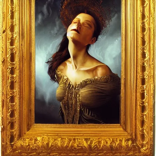 Image similar to spellbinding witch spectacular beauty, ghastly reflection in the ((mirror)), intricate detail, fineline detail painting of portrait, intense sense of awe, 8k high octane rendering, golden ratio