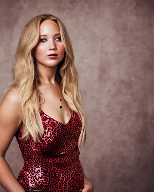 Image similar to A studio photo in the Style of Annie Leibovitz of Jennifer Lawrence wearing Leopard pants with red sequins down sides and red tulle leather blouse , bokeh, 90mm, f/1.4