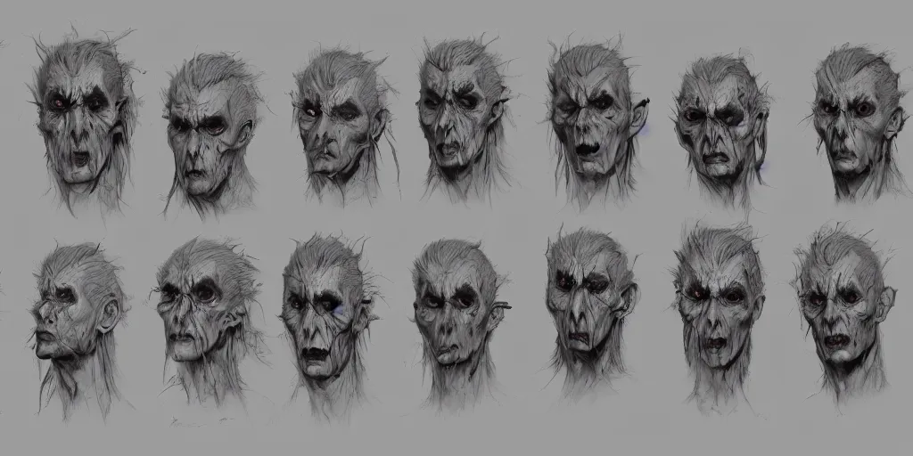 Image similar to gothic creature character face detail designs, Kim Jung Gi, Greg Rutkowski, character sheet, Darek Zabrocki, Karlkka, Jayison Devadas, Phuoc Quan, trending on Artstation, 8K, ultra wide angle, pincushion lens effect