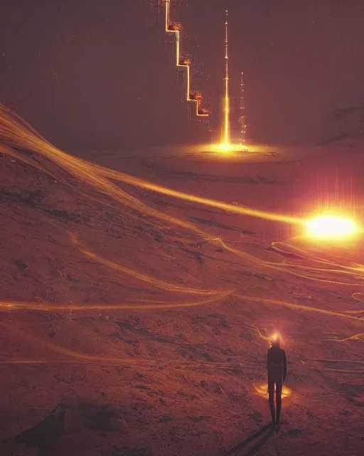 Image similar to a glowing female spirit cries out in agony. drilling rigs bore into the earth in the background. wide shot, detailed, sharp, 8 k, digital art by beeple.