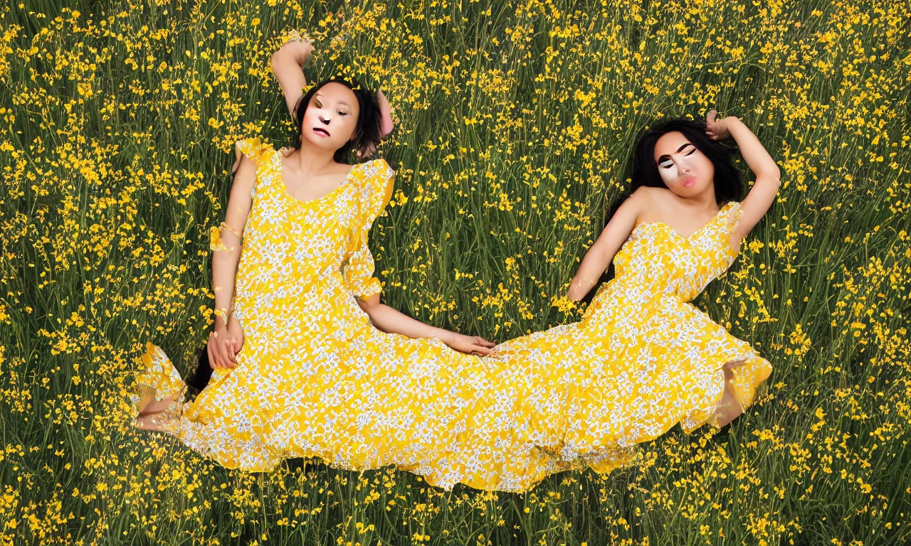 Image similar to beautiful Asian woman lying in a field of wildflowers, wearing a yellow and white sun dress, medium close, dreamy