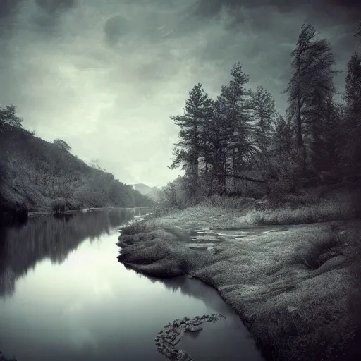 Prompt: grunge photo of a beautiful river landscape by michal karcz., taken by a disposable camera | horror | nightmare