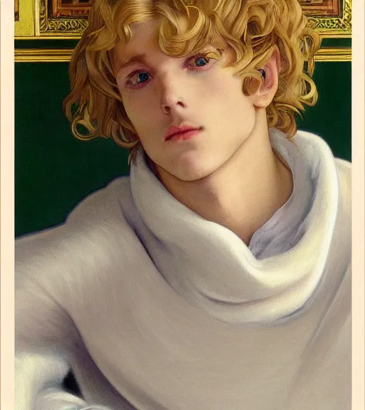 Prompt: clean cel shaded art of a pale androgynous blond young man Lucius, long fluffy curly blond hair, light platinum long blond hair, wearing a black turtleneck sweater, Alexandre Cabanel, norman rockwell, peter paul rubens, maler collier, frank frazetta, alphonse mucha, gustav klimt 4k, unreal 5, DAZ, french noveau, trending on artstation, octane render, hyperrealistic