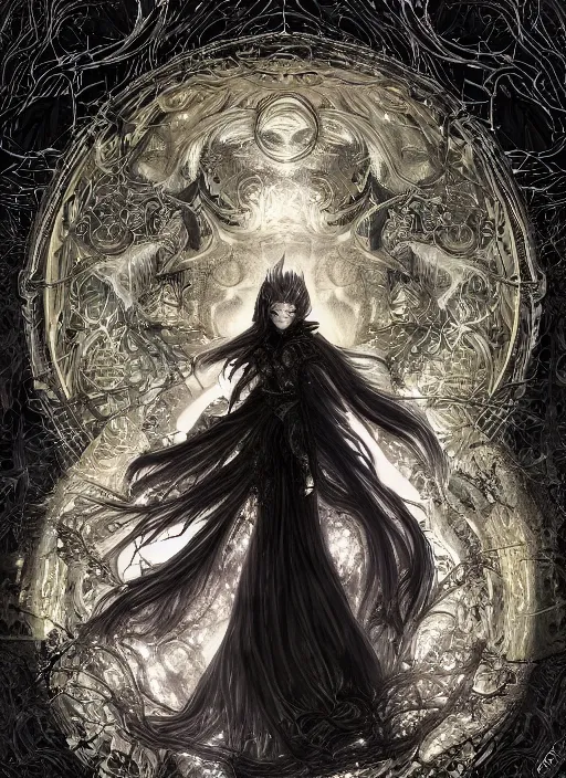 Image similar to glowing silver and golden elements, portrait, A beautiful dark witch in front of the full big moon, book cover, green forest, red white black colors, establishing shot, extremly high detail, foto realistic, cinematic lighting, pen and ink, intricate line drawings, by Yoshitaka Amano, Ruan Jia, Kentaro Miura, Artgerm, post processed, concept art, artstation, matte painting, style by eddie, raphael lacoste, alex ross