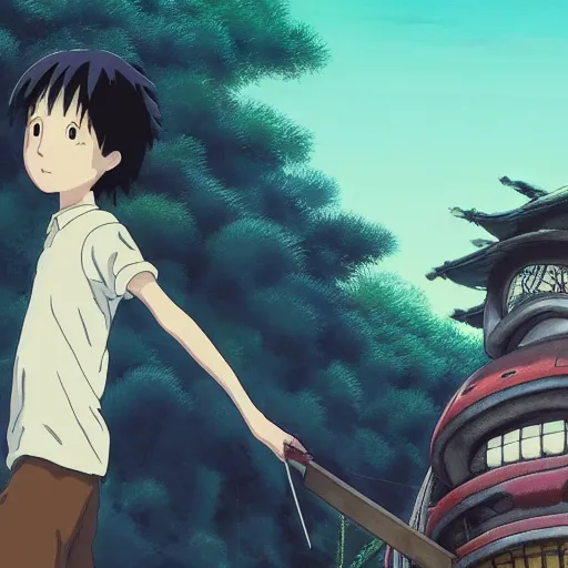 Prompt: guy and a friendly creature in the spirited away style, 4k art, high detail, smooth, anime beautiful peace scene, detailed face, studio ghibli, sharp focus high quality, fantasy, forest, detailed, wonderful, sky, night, detailed creature,