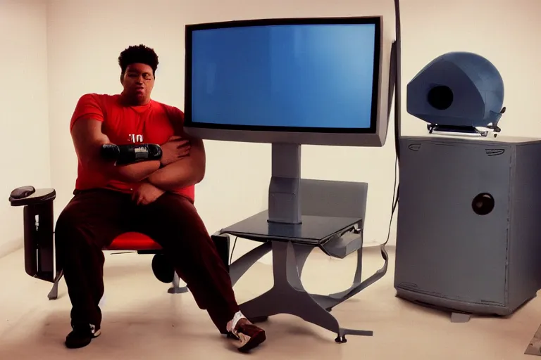 Image similar to large man with a robot arm sitting in a gamer chair, from 1999, bathed in the glow of a crt television, crt screens in background, low-light photograph, in style of Tyler Mitchell