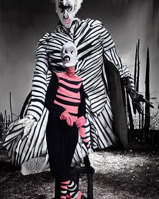 Image similar to photoshoot of michael keaton as beetlejuice, in the style of tim burton, photos by annie leibovitz