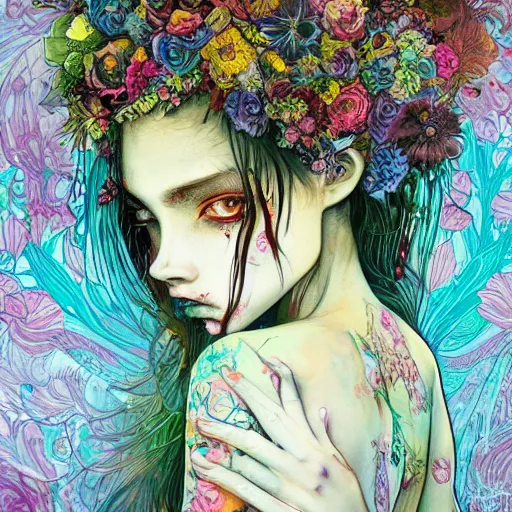 Image similar to a painting of a beatiful young zombie girl with a lot of flowers and plants on its head, poster art by android jones, behance contest winner, generativ line art, glowing, shallow depth of field, 5 0 mm, full body!! symmetry