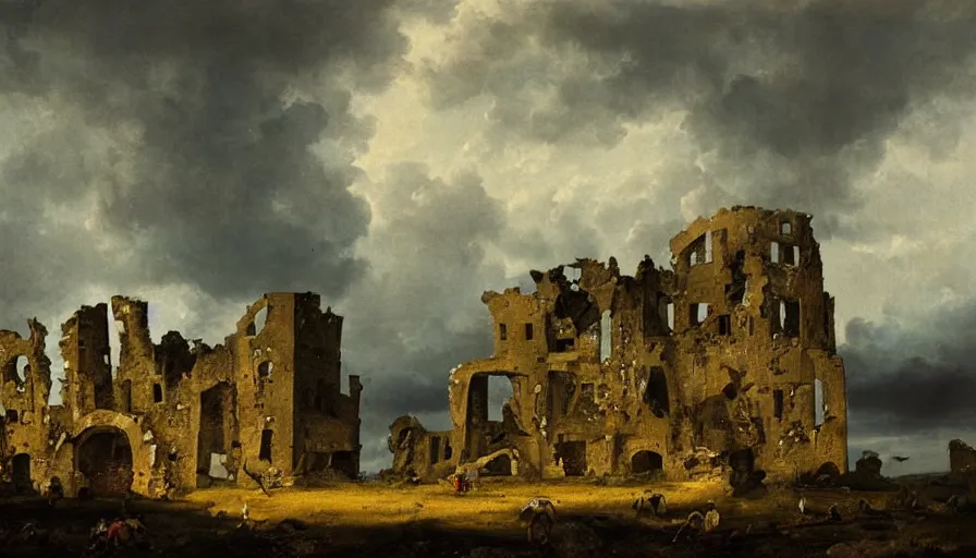 Image similar to huge castle in ruins, ruined castle, castle ruins with a dark cloudy stormy sky, striking landscape, dramatic scene during the first anglo - dutch war painted by jan beerstraaten