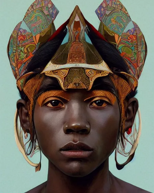 Image similar to colourful upper half portrait of dark - skinned tribal warrior - art by tenmyouya hisashi, hsiao - ron cheng & alphonse mucha, highly detailed, digital painting, illustration, smooth, sharp focus, intricate, symmetry, pinterest, behance, artstation