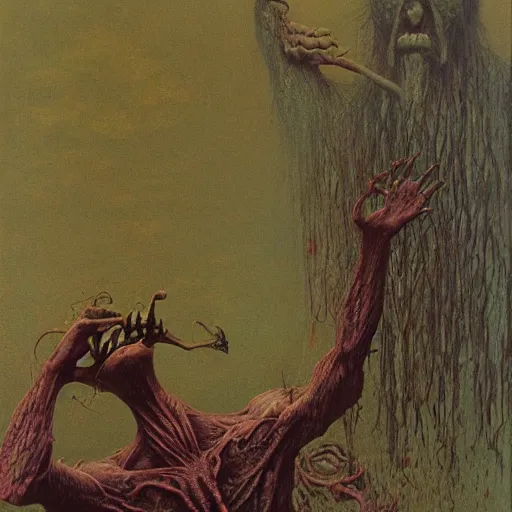 Image similar to swamp goblin by Zdzisław Beksiński, oil on canvas