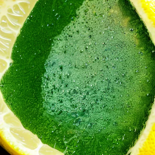 Image similar to close - up shot of a lemon covered in green goo, macro lens, depth of field, bokeh