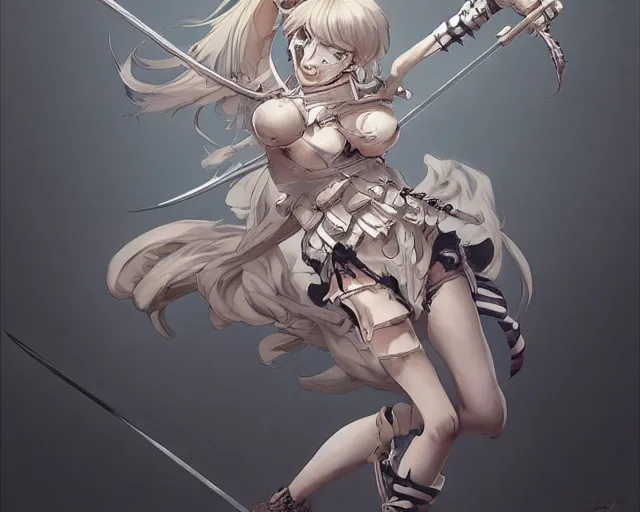 Image similar to anime girl warrior fighting a skeleton confident pose, intricate, elegant, sharp focus, illustration, highly detailed, concept art, matte, trending on artstation, anime, art by james jean and artgerm and brian despain and alberto mielgo, greg rutkowski, wlop, ilya kuvshinov, strong strokes
