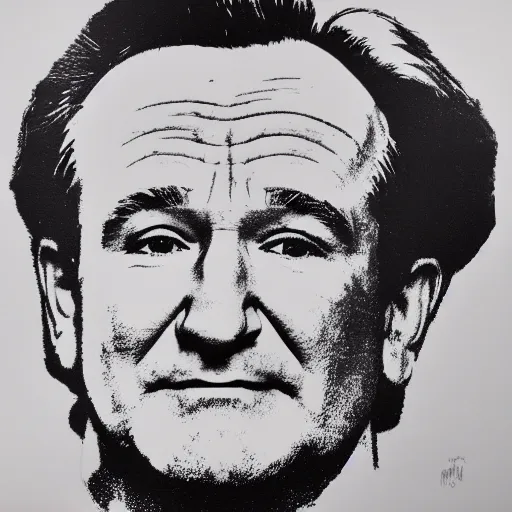 Image similar to silkscreen and lithography to create robin williams in the style of andy warhol