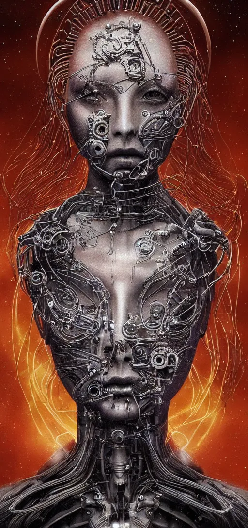 Image similar to female robot pilot, mechanical creature, electronic wires relays computer nerves, girl face, dystopian surrealism, alex ries zdzisław beksinski giger, very intricate details, demon chinese female, deep luminous eyes contain galaxies, head contains nebula, deep aesthetic, concept art, carved silver circuits diodes resistors semiconductors, highly ornate