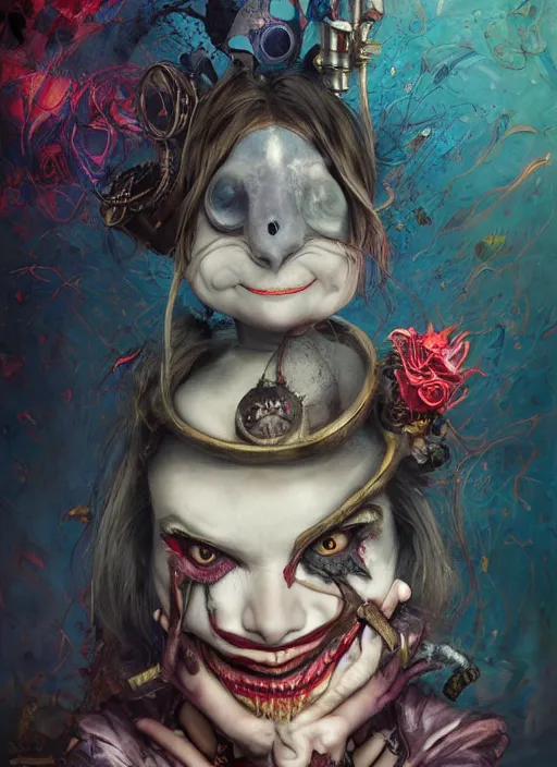 Image similar to alice in wonderland, angry, scary, cheeky, steampunk googles, highly detailed, cinematic, 8 k, by megan duncanson, benjamin lacombe, adrian borda, stanley artgermm, tom bagshaw, craig mullins, carne griffiths, ayami kojima, beksinski, giger, trending on deviantart, hyper detailed, horror, full of colour