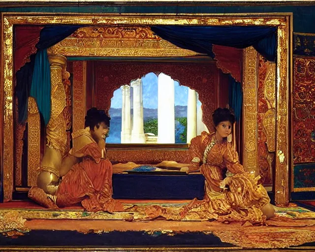 Image similar to a beautiful, detailed oil painting in the orientalist style, of the ornate chambers of an oriental arabian princess, with screens and silks, by frederic leighton