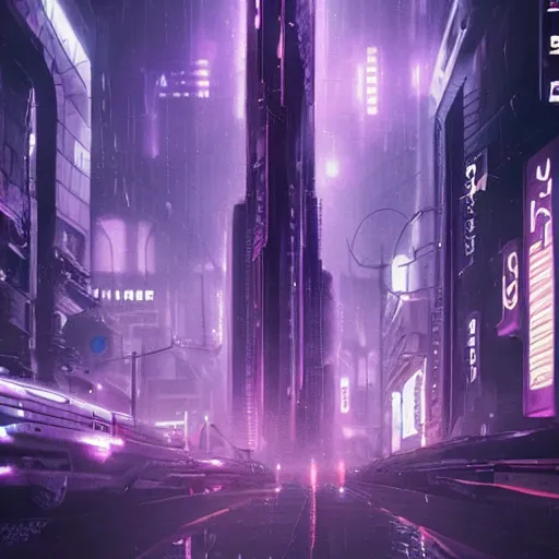 Image similar to blade runner city, high quality, cyberpunk, purple