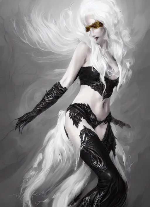 Prompt: a highly detailed illustration of white haired pale lady wearing black blindfold and metal dress, dramatic floating pose, intricate, elegant, highly detailed, centered, digital painting, artstation, concept art, smooth, sharp focus, league of legends concept art, wlop