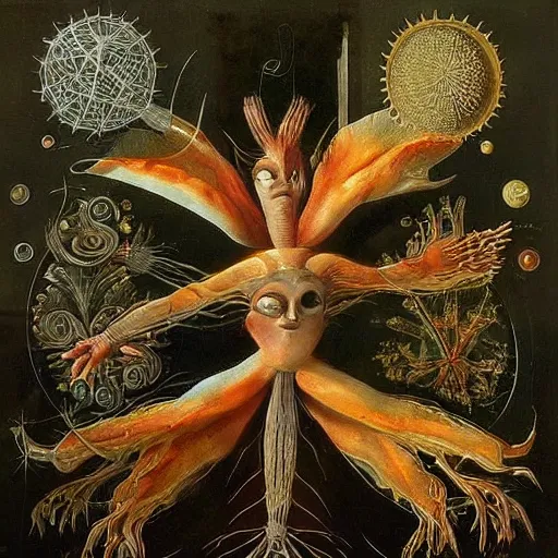 Image similar to whimsical freaky creature sings a unique canto about'as above so below'being ignited by the spirit of haeckel and robert fludd, breakthrough is iminent, glory be to the magic within