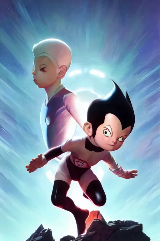 Image similar to portrait of Astroboy, centered full body pose, zenith angle, shadowy area, dramatic lighting, concept art, digital painting, Unreal Engine 5, 8K, art by artgerm and Greg Rutkowski and Alphonse Mucha