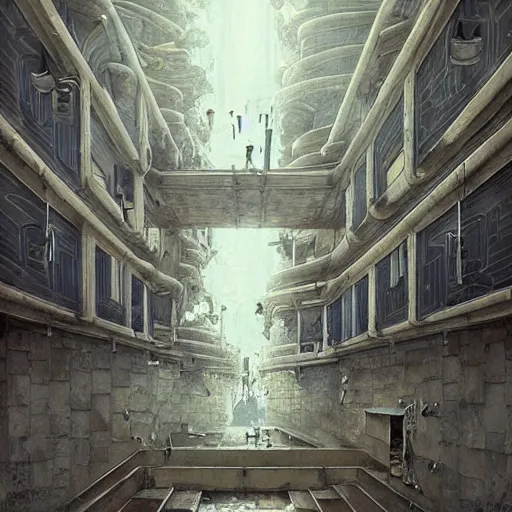 Image similar to a rotten fungus mushroom clump in a bright white hallway with many doors and stairs, Mc Escher architecture, epic composition, by Makoto Shinkai