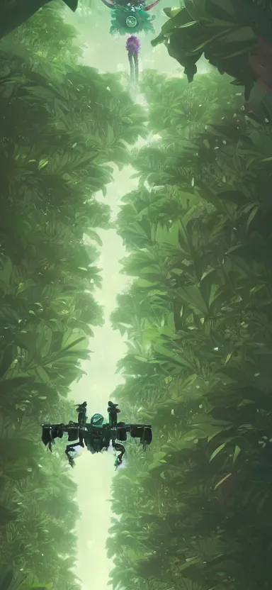 Image similar to giant humanoid plant mech, coming through treetops, forest, key art, sharp lines, towering above a small person, aesthetic, anime, trigger, shigeto koyama, hiroyuki imaishi