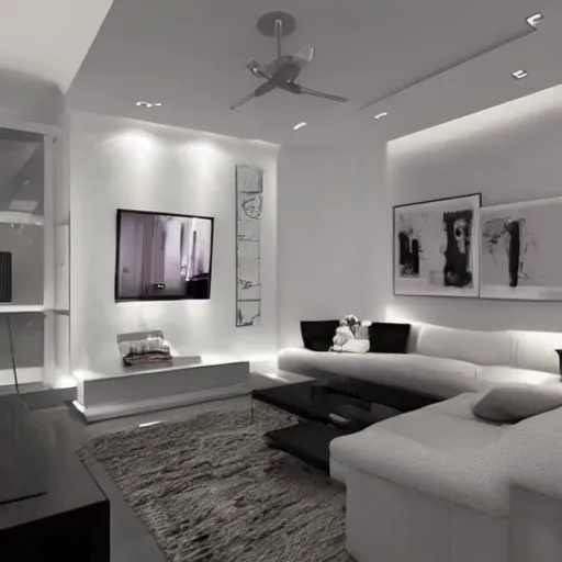 Prompt: modern living room apartment, white color scheme, concept art, bright