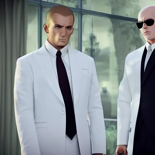 Image similar to hitman agent 4 7 stand wearing white suit and look dissapointed of his fat son. realistic. 4 k. 8 k.