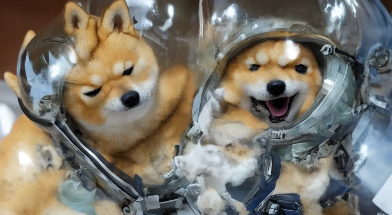 Prompt: a fantasy character with a cute shiba inu head, an astronaut body and a transparent glass helmet, shiba inu winking mischievously ， cinematic ， unreal 5 ， photography ， 5 5 mm ， aperture f 1. 4