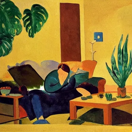 Image similar to A cozy, warm living room, bathed in golden light, with many tropical plants and succulents, a figure is resting on an old couch, by André Derain