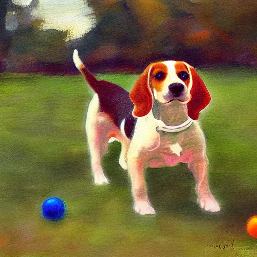 Prompt: impressionist art of a beagle dog playing with an orange toy in the park