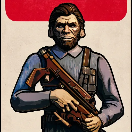 Image similar to saint homo neanderthalis, portrait, propaganda poster, with book of science on his right hand, and riffle, violet polsangi pop art, gta chinatown wars art style, bioshock infinite art style, hyperrealistic, two colors, white frame border, 4 k, uhd, remove duplicate content, align left content.