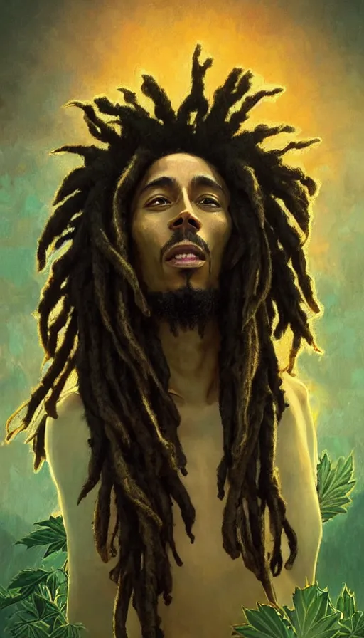 Image similar to impressive cottagecore bob marley , black rasta Hair, cannabis plants background, intricate, elegant, highly detailed, digital painting, artstation, concept art, smooth, sharp, focus, illustration, art by artgerm and greg rutkowski and alphonse mucha