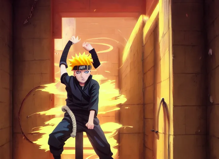 Image similar to highly detailed portrait of naruto uzumaki with black hair behind bars in prison punching a wall, unreal engine, fantasy art by greg rutkowski, loish, rhads, ferdinand knab, makoto shinkai and lois van baarle, ilya kuvshinov, rossdraws, tom bagshaw, global illumination, radiant light, detailed and intricate environment