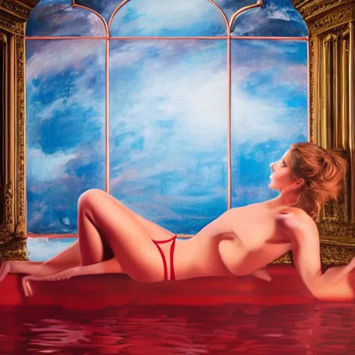 Image similar to British model Josie Lane with beautiful face and full body laying in a blood red pool of water between a bright golden glowing mirror frame, outside is space and inside the mirror frame is a beautiful landscape. Hyperrealistic surreal 4K IMAX Rene Margritte intricate, elegant, highly detailed, digital painting, artstation, concept art, smooth, sharp focus, illustration, art by artgerm, Francis bacon, HR Giger and greg rutkowski and alphonse mucha