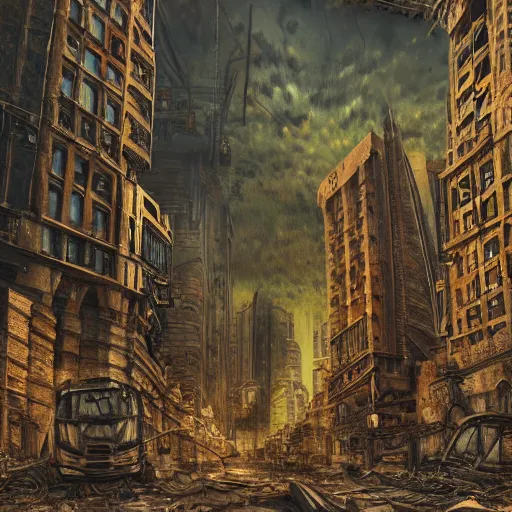 Image similar to post apocalyptic radiated ruined modern city, surrealism, deep aesthetic, abstract realism, highly ornate intricate details, 1 9 2 0's colored pencil, 4 k, cinematic lighting,