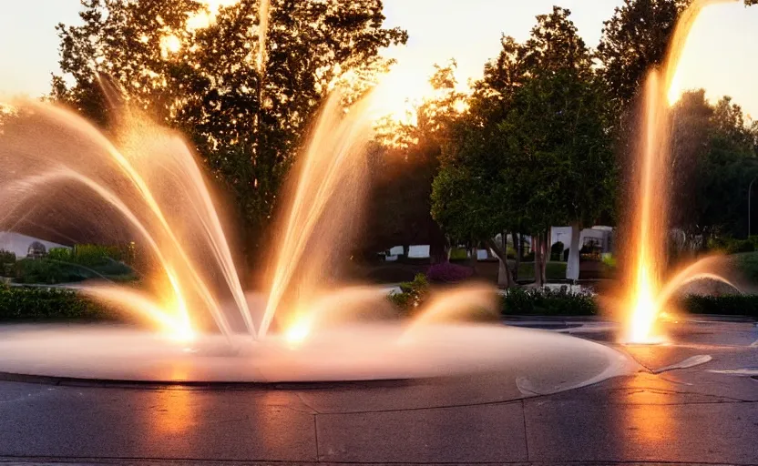 Image similar to a beautiful photo of a roundabout with a fountain shooting fire instead of water, sunset lighting, intricate detail, photorealistic