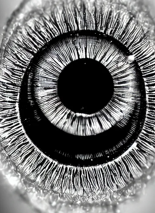 Image similar to happy smiling, centered thin ring iris, detailed textures, eyelashes, advanced art, art styles mix, from wikipedia, wet relections, sunshine, hd macro photograph from side, grid of eye shapes