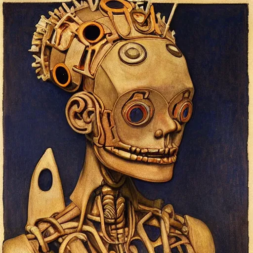 Image similar to robot boy wearing the bone crown, by annie swynnerton and diego rivera and lucien freud and jean delville and evelyn de morgan, symbolist, dramatic lighting, elaborate geometric ornament, art brut, soft pastel colors, smooth, sharp focus, extremely detailed, adolf wolfli, leo and diane dillon, nicholas roerich, donato giancola